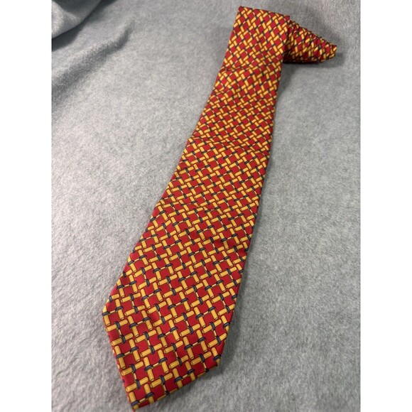 Gucci Tie Red And Gold Geometric Pattern Silk L:56” W:3.5” - Picture 2 of 8